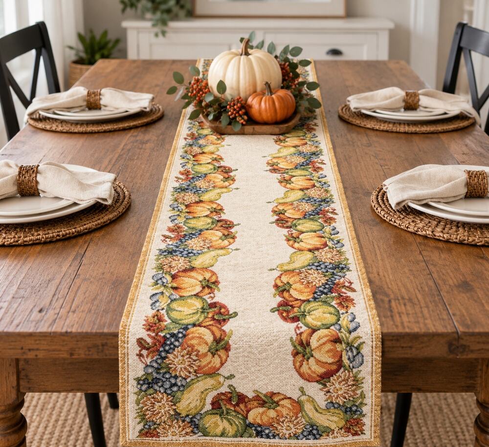 Fall Harvest Pumpkin Table Runner Tapestry Autumn Thanksgiving Table Decor 13x70